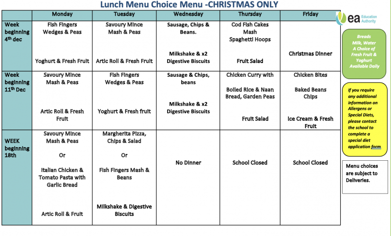 School Dinners- Starting from 4th December